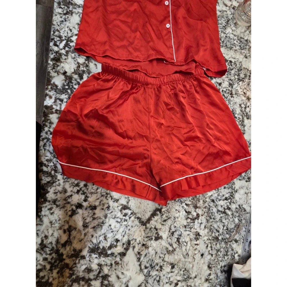 Red Satin Pajama Set Short Sleeve Button Down Shirt and Shorts Size S‎